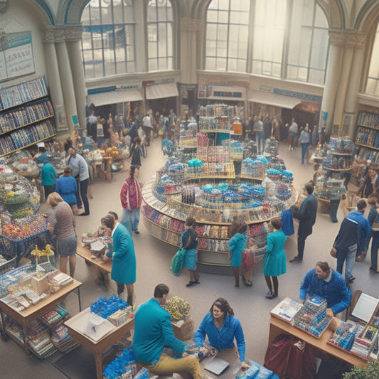 An illustration of a bustling educational marketplace with various stalls, each representing a different supplier, surrounded by globes, books, and laptops, with students and teachers engaged in lively discussions.