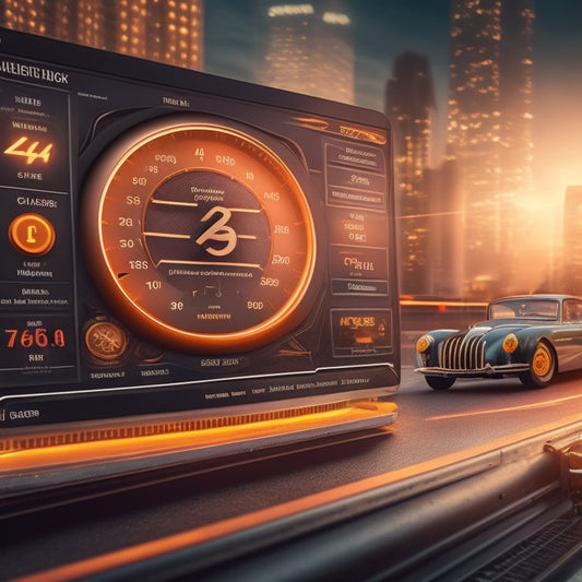 A stylized illustration of a WordPress dashboard with a speedometer in the center, surrounded by clockwork gears, lightning bolts, and a subtle cityscape in the background, symbolizing optimized performance.