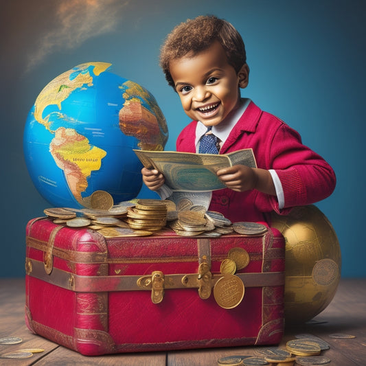 A colorful illustration of a smiling child holding a treasure chest overflowing with coins and bills, surrounded by a globe, calculator, and a map with a red pin marking a treasure location.