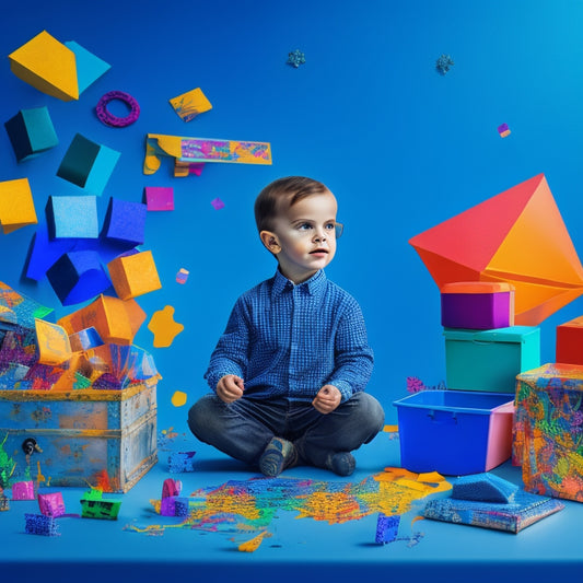 A vibrant illustration of a curious child surrounded by colorful math worksheets, pencils, and a treasure chest overflowing with mathematical symbols, shapes, and confetti, set against a bright blue background.