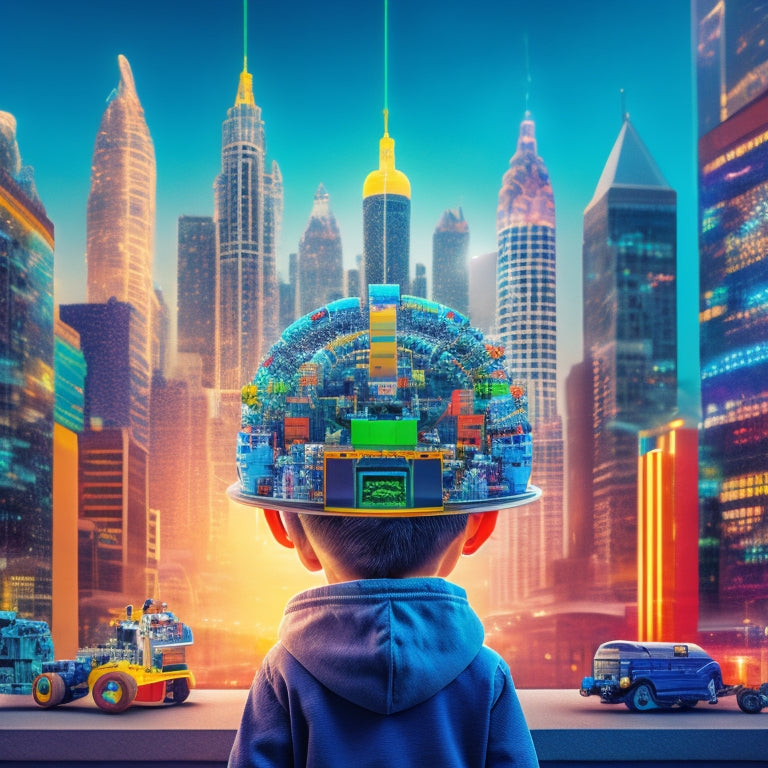 A vibrant, futuristic illustration depicting a child surrounded by educational toys, gadgets, and robots, with colorful brain waves and lightbulbs bursting from their head, amidst a cityscape with skyscrapers made of blocks.
