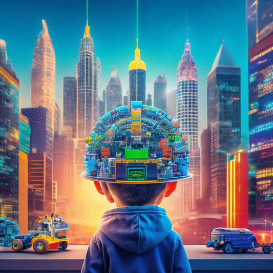 A vibrant, futuristic illustration depicting a child surrounded by educational toys, gadgets, and robots, with colorful brain waves and lightbulbs bursting from their head, amidst a cityscape with skyscrapers made of blocks.