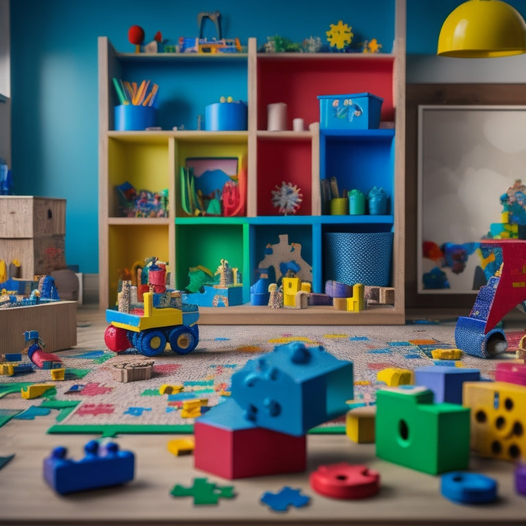 A colorful, clutter-free playroom with a mix of wooden blocks, puzzles, brain teasers, and a child's hands in the center, surrounded by scattered puzzle pieces, gears, and a few robotics components.
