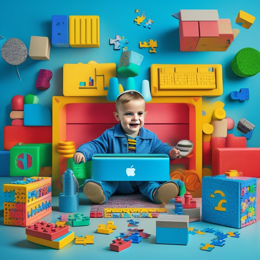 A colorful, whimsical illustration of a young child surrounded by floating tablets, laptops, and educational toys, with a subtle background of building blocks and puzzle pieces.