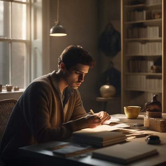A serene, focused individual sits in a minimalist room surrounded by scattered math textbooks and worksheets, with a single, solved puzzle on their desk, illuminated by a warm, golden light.