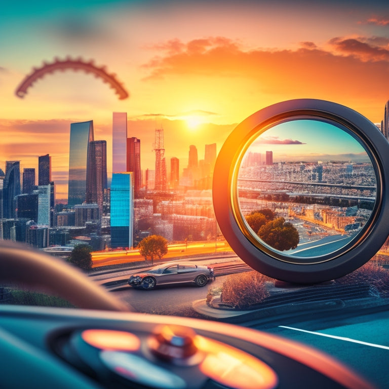 An illustration of a car's steering wheel with a magnifying glass attached to it, surrounded by tiny icons of people, phones, and gears, on a background of a subtle cityscape at sunset.