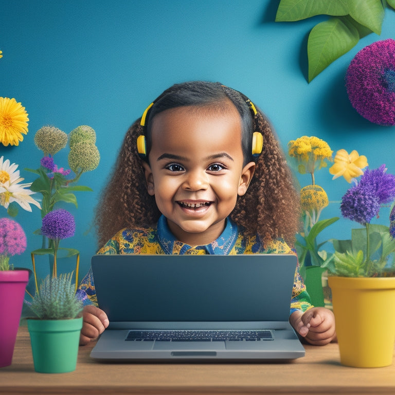 A colorful illustration of a smiling child sitting in front of a laptop, surrounded by icons of popular online learning platforms, with a subtle background of a growing plant or a blooming flower.