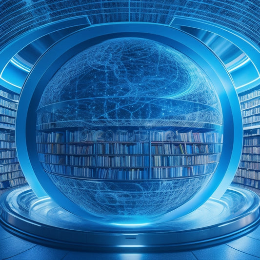 A stylized, futuristic library with glowing blue bookshelves, a massive, swirling vortex of connected data nodes at its center, surrounded by orbiting, shimmering knowledge spheres.