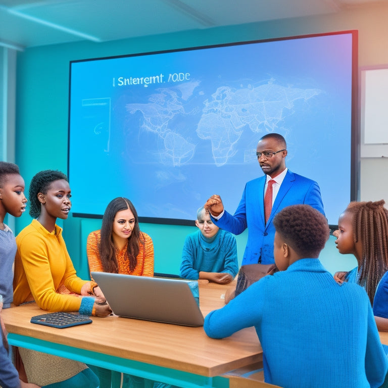 An illustration of a teacher standing in front of a interactive whiteboard, surrounded by diverse students engaged on laptops and tablets, with digital connections and networks visually represented in the background.