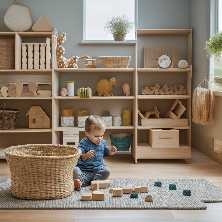 A serene, natural-colored playroom with a child (3-4 years old) engaged with a wooden, geometric shape sorter, surrounded by neatly arranged, minimalist Montessori toys and materials on woven baskets and low shelves.