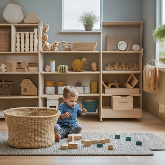 A serene, natural-colored playroom with a child (3-4 years old) engaged with a wooden, geometric shape sorter, surrounded by neatly arranged, minimalist Montessori toys and materials on woven baskets and low shelves.
