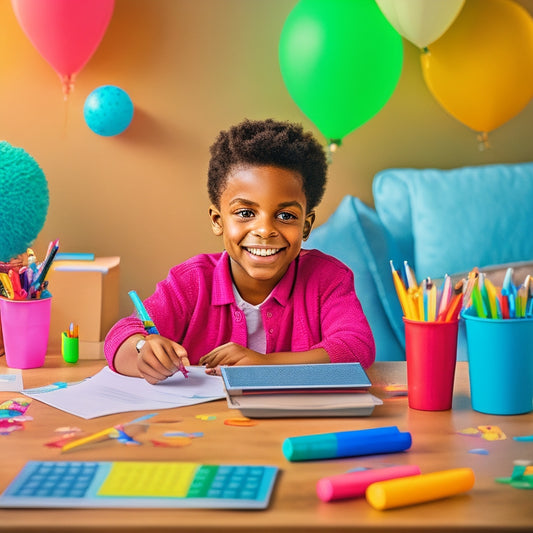 Illustrate a colorful, clutter-free scene featuring a happy 3rd-grade student sitting at a desk in front of a laptop, surrounded by scattered math worksheets, pencils, and a few favorite toys.
