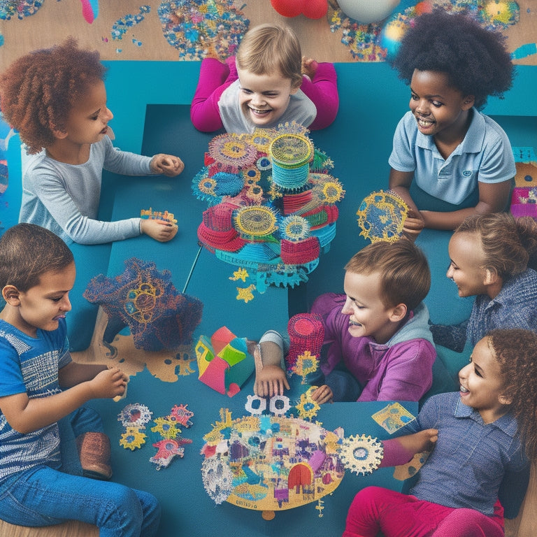 An illustration of a diverse group of children aged 6-12, gathered around a large, wooden, puzzle-piece-filled table, with thought bubbles above their heads, amidst a background of gears, cogs, and brain-shaped balloons.