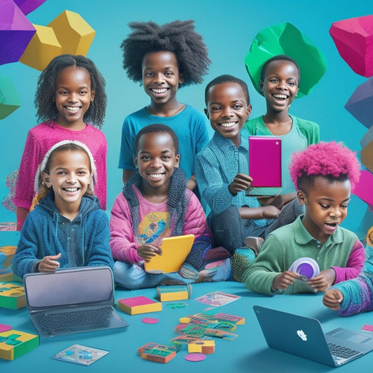 A colorful illustration of a diverse group of happy children aged 6-12, surrounded by laptops, tablets, and educational math games, with virtual math manipulatives and 3D shapes floating above their devices.