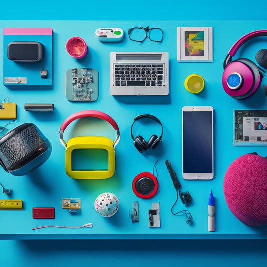 A colorful, clutter-free desk with a variety of futuristic gadgets: a kid-friendly robot, a miniature drone, a tablet with a vibrant screen, and a pair of sleek, high-tech headphones.