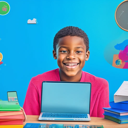A colorful, clutter-free illustration of a smiling middle school student surrounded by laptops, tablets, and open math textbooks, with subtle digital screens displaying math problems and solutions.