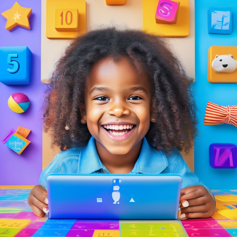 A bright, colorful illustration of a smiling 2nd grader surrounded by math-themed icons, such as numbers, shapes, and puzzle pieces, on a tablet or laptop screen with a fun, interactive game open.