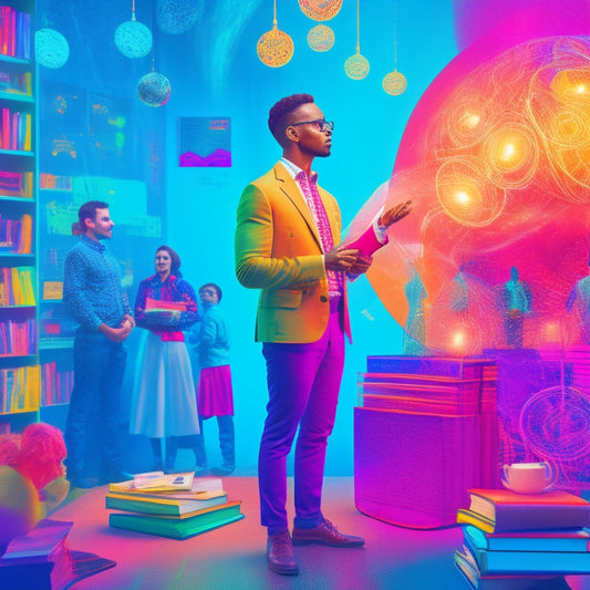 A vibrant illustration of a teacher standing in front of a diverse group of students, surrounded by innovative gadgets, colorful charts, and glowing lightbulbs, amidst a whimsical, swirling background of books and ideas.