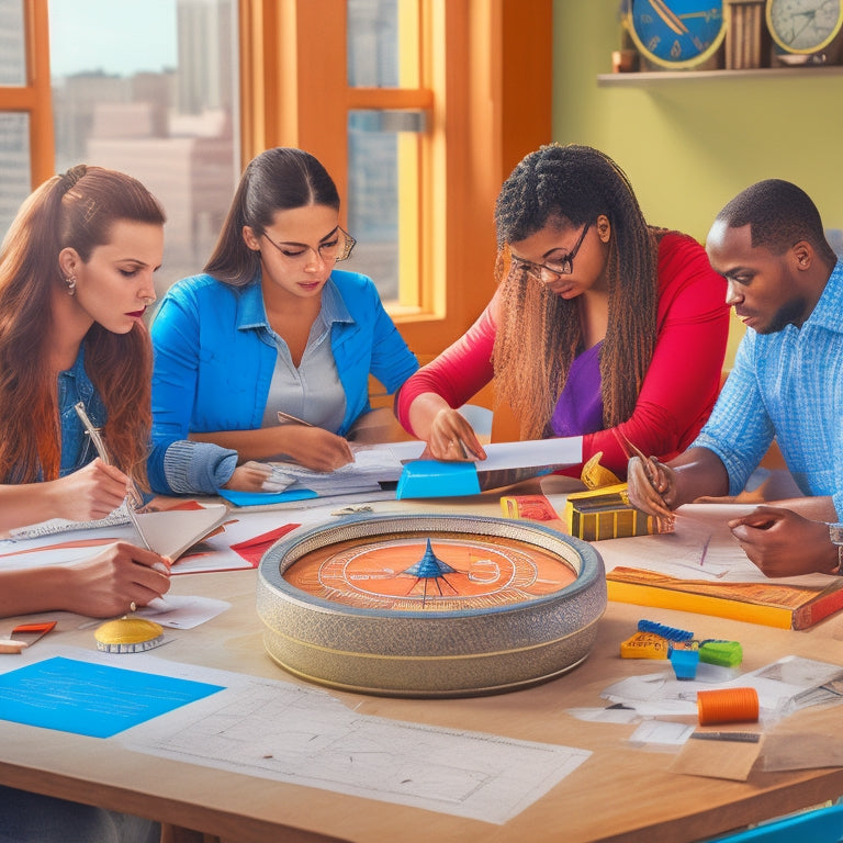 An illustration of a diverse group of students gathered around a table, surrounded by various math-related tools and objects, such as protractors, compasses, and 3D shapes, with a cityscape or architecture blueprint in the background.