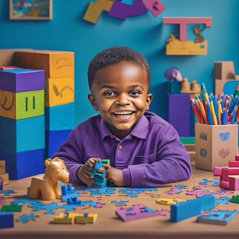 A colorful illustration of a smiling 6-year-old child sitting at a desk, surrounded by puzzle pieces, crayons, and a worksheet with a partially completed maze, amidst a subtle background of building blocks and alphabet letters.