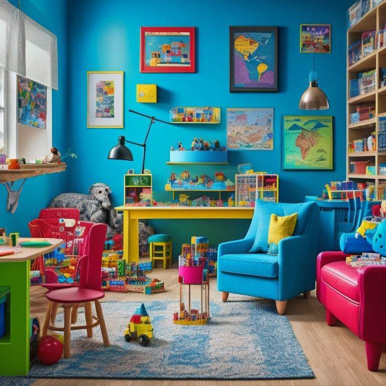 A colorful, clutter-free playroom with a 5-year-old child surrounded by various educational toys, including building blocks, puzzles, art supplies, and a kid-sized microscope, with a subtle background of a world map.