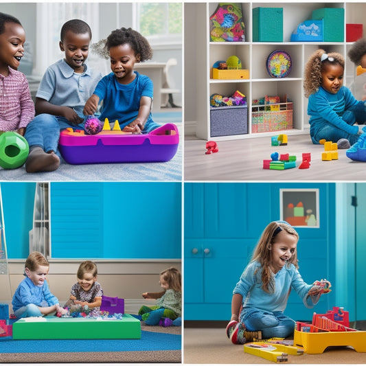 Illustrate a colorful, clutter-free playroom with a tablet and various toys, blocks, and learning materials scattered around, showcasing a happy, diverse group of 4-6 year olds engaging in interactive learning activities.