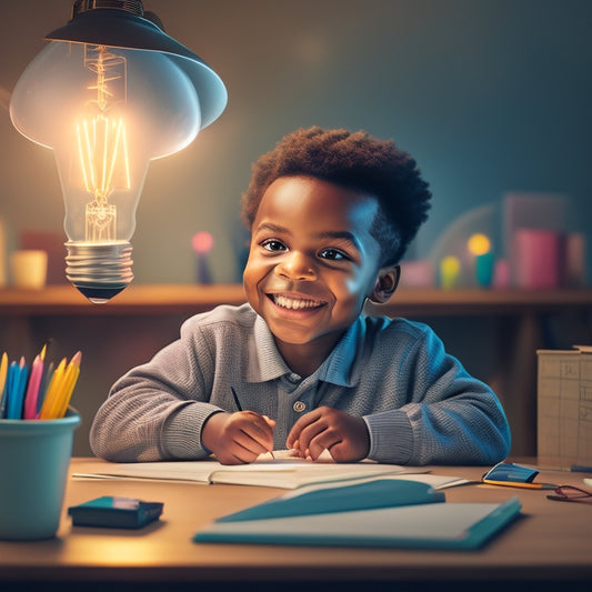 An illustration of a smiling, confident child sitting at a desk, surrounded by math textbooks, pencils, and a bright, glowing light bulb above their head, with a subtle, gradient background of pastel colors.