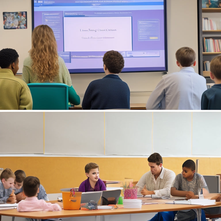 A split-screen image: a traditional math classroom with a static textbook and students looking disengaged, versus an interactive whiteboard with 3D shapes, animated graphs, and students actively participating.