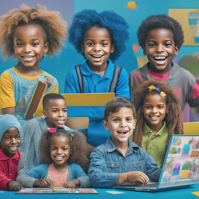 Generate an image depicting a happy, diverse group of children aged 4-12, surrounded by laptops and tablets, each with a unique, colorful interface, amidst a vibrant, whimsical background with subtle learning icons.