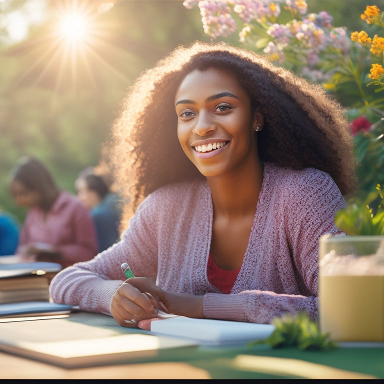 A warm and inviting illustration of a smiling student sitting at a desk, surrounded by open books and a laptop, with a subtle summer background of blooming flowers and a sunny sky.