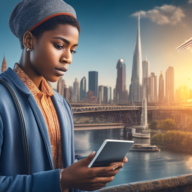 An illustration of a student holding a tablet, surrounded by real-world elements like a cityscape, a bridge, and a rocket, with math symbols and formulas subtly integrated into the scenery.