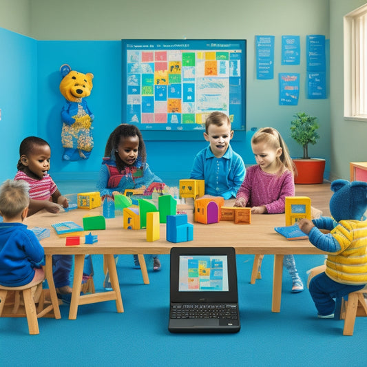 A colorful, clutter-free illustration of a kindergarten classroom with 5-6 children engaged in various digital math activities on tablets and laptops, surrounded by math blocks, counting bears, and geometry shapes.