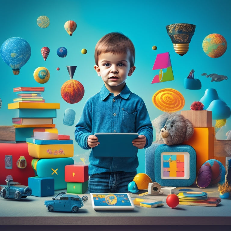 A colorful illustration of a curious child surrounded by floating tablets, each displaying a different educational app, with icons and symbols representing various subjects like math, reading, and science.