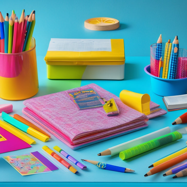 An illustration of a cheerful, organized desk with a pencil case, a ruler, and a few colorful pencils, surrounded by worksheets with multiplication and division problems and answers in a fun, kid-friendly font.