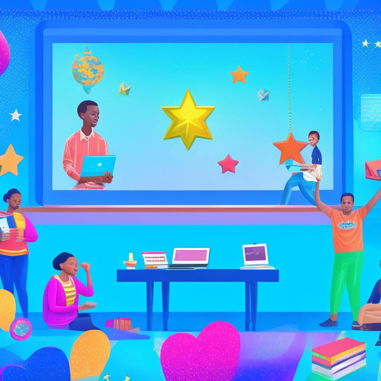 A colorful illustration of a virtual classroom with diverse students engaging in digital games on laptops and tablets, surrounded by floating icons of trophies, stars, and confetti, set against a bright blue background.