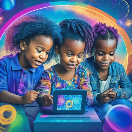 A whimsical illustration of diverse children (ages 6-12) surrounded by vibrant, swirling math symbols and shapes, engaged in playful activities on tablets and laptops amidst a futuristic, neon-lit cityscape.