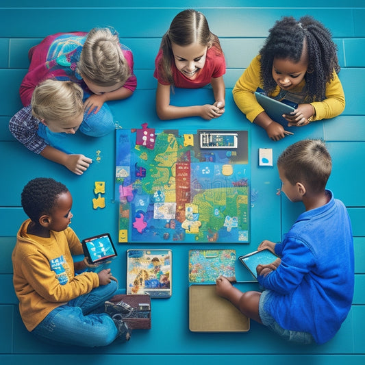 A colorful illustration of diverse kids (ages 6-12) gathered around a tablet, laptops, and smartphones, engaged in collaborative problem-solving activities, with puzzle pieces, brain icons, and coding symbols surrounding them.