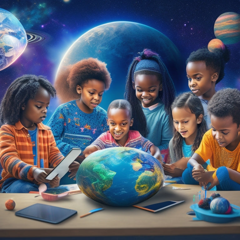 An illustration of a group of diverse children ages 6-10, gathered around a tablet, surrounded by colorful math and science tools, and interactive 3D visuals, with a subtle background of stars and planets.