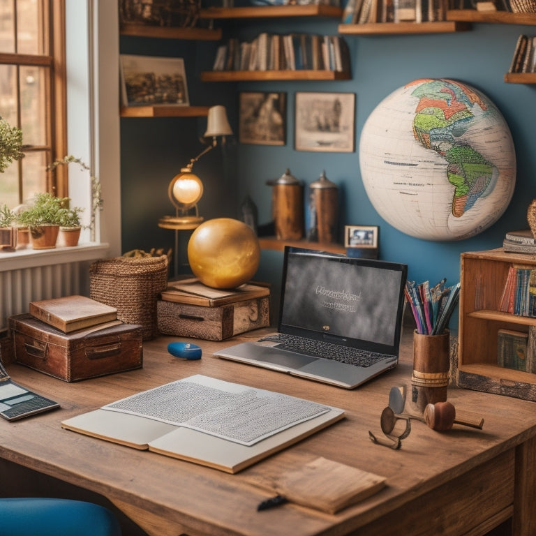A serene and organized homeschooling setup with a laptop, notebooks, and colorful pens, surrounded by a cozy bookshelf, a globe, and a few inspirational quotes etched on a wooden wall.
