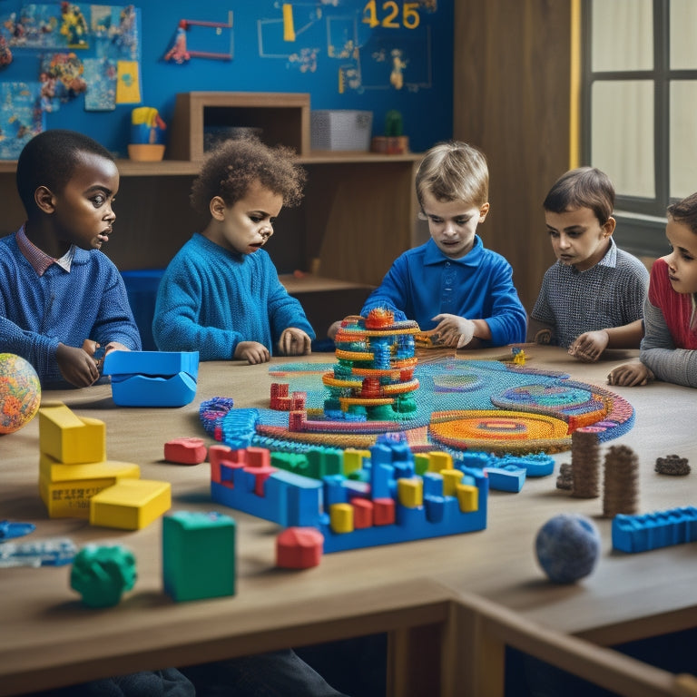 A colorful, clutter-free workspace with various math toys and blocks arranged in a circular pattern, surrounded by a few curious children with engaged facial expressions, amidst a subtle chalkboard background.
