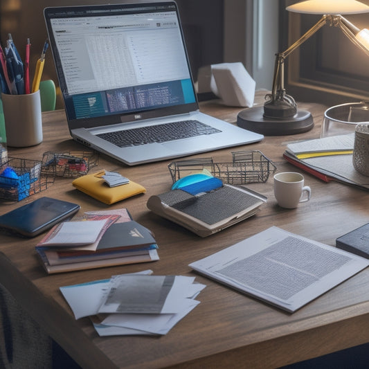 An illustration of a cluttered desk with a laptop, textbooks, and scattered math problems, transformed into a tidy workspace with a single laptop open to a math homework website, surrounded by organized notes and a satisfied student in the background.