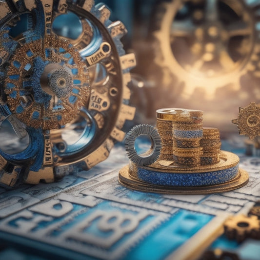 A intricate puzzle piece mosaic forming a spreadsheet grid, with gears and cogs in the background, surrounded by a halo of light, conveying problem-solving and mastery.
