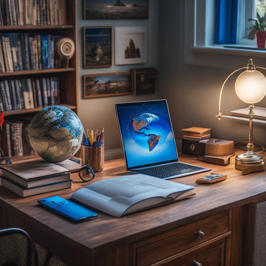 A colorful, clutter-free desk with a laptop, tablet, and headphones, surrounded by a globe, pencils, and a few favorite books, with a subtle background of a cozy, natural-lit home environment.