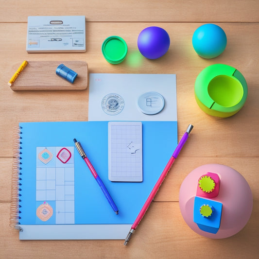 A serene, minimalist desk scene featuring a few carefully arranged, anxiety-reducing tools: a fidget spinner, a set of colorful pens, a geometric-shaped stress ball, and a partially solved math puzzle notebook.