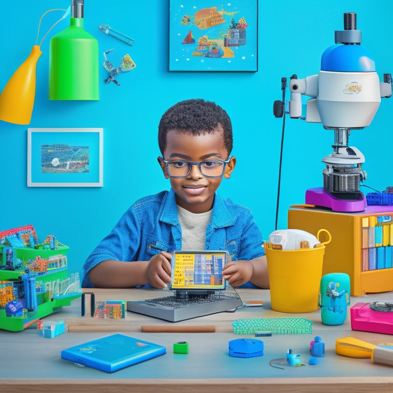 A colorful, whimsical illustration of an elementary-aged student surrounded by various STEM tools, including a microscope, robot, coding blocks, and a tablet with a 3D model on the screen.