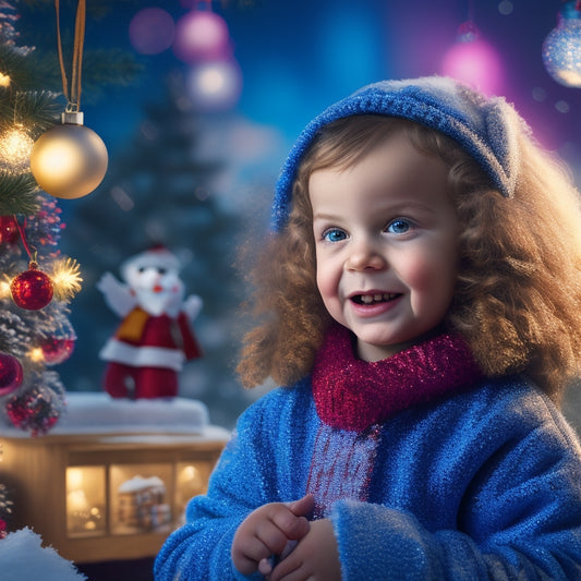 A whimsical illustration of a child's wonder-filled face, surrounded by twinkling lights, colorful ornaments, and a few strategically placed gifts, set against a warm, snowy winter wonderland backdrop.
