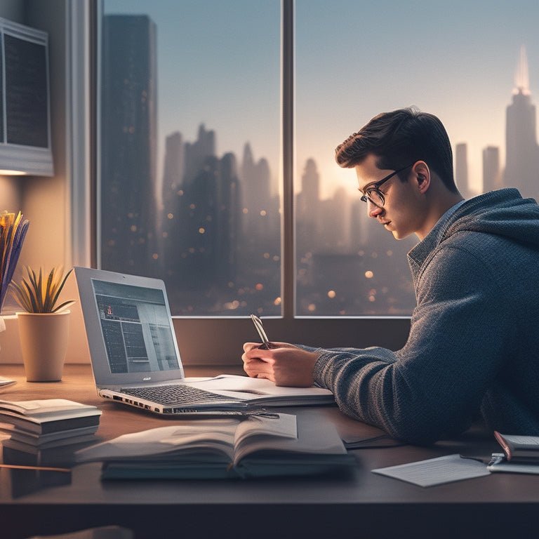 An illustration of a student sitting in front of a laptop, surrounded by math textbooks, pencils, and a calculator, with a subtle cityscape or home background, conveying a sense of comfort and focus.