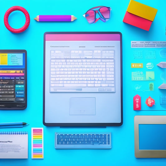 A colorful, stylized illustration of a laptop screen displaying a digital worksheet with math problems and solutions, surrounded by icons of calculators, pencils, and folders, set against a bright, gradient blue background.
