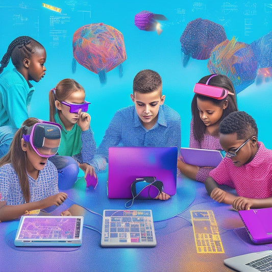 A colorful illustration depicting a diverse group of students aged 8-14, surrounded by laptops, tablets, and virtual reality headsets, engaged in various interactive math activities, such as 3D modeling and online puzzle-solving.