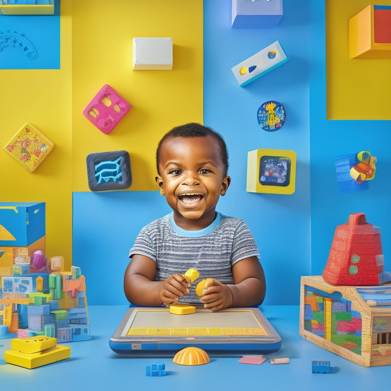 A colorful illustration of a happy preschooler surrounded by tablets, smartphones, and laptops, with math-related icons and shapes floating out of the screens, amidst a subtle background of educational blocks and toys.